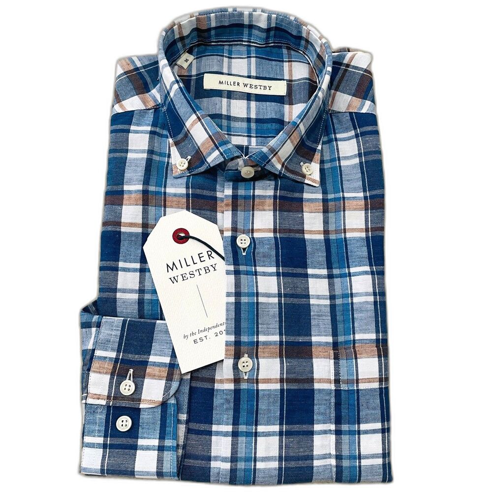 $168 Miller Westby NWT Men's Size M Button Down Plaid Brown Blue Shirt Western
